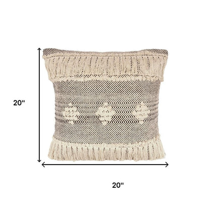20" Black And Cream Geometric Cotton Throw Pillow Cover with Fringe And Texture