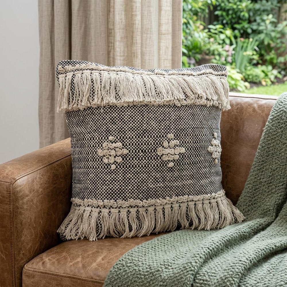 20" Black And Cream Geometric Cotton Throw Pillow Cover with Fringe And Texture — view 7