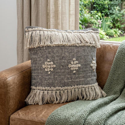20" Black And Cream Geometric Cotton Throw Pillow Cover with Fringe And Texture