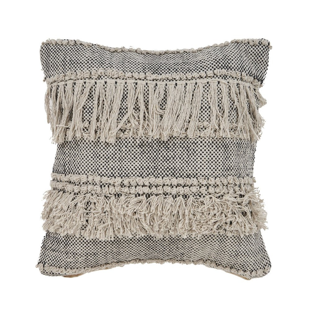 20" Beige And Black Striped Cotton Throw Pillow Cover with Fringe And Texture — view 1