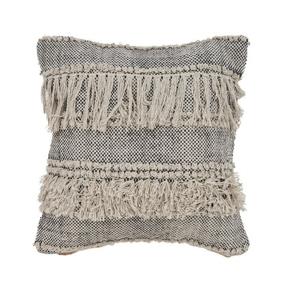 20" Beige And Black Striped Cotton Throw Pillow Cover with Fringe And Texture
