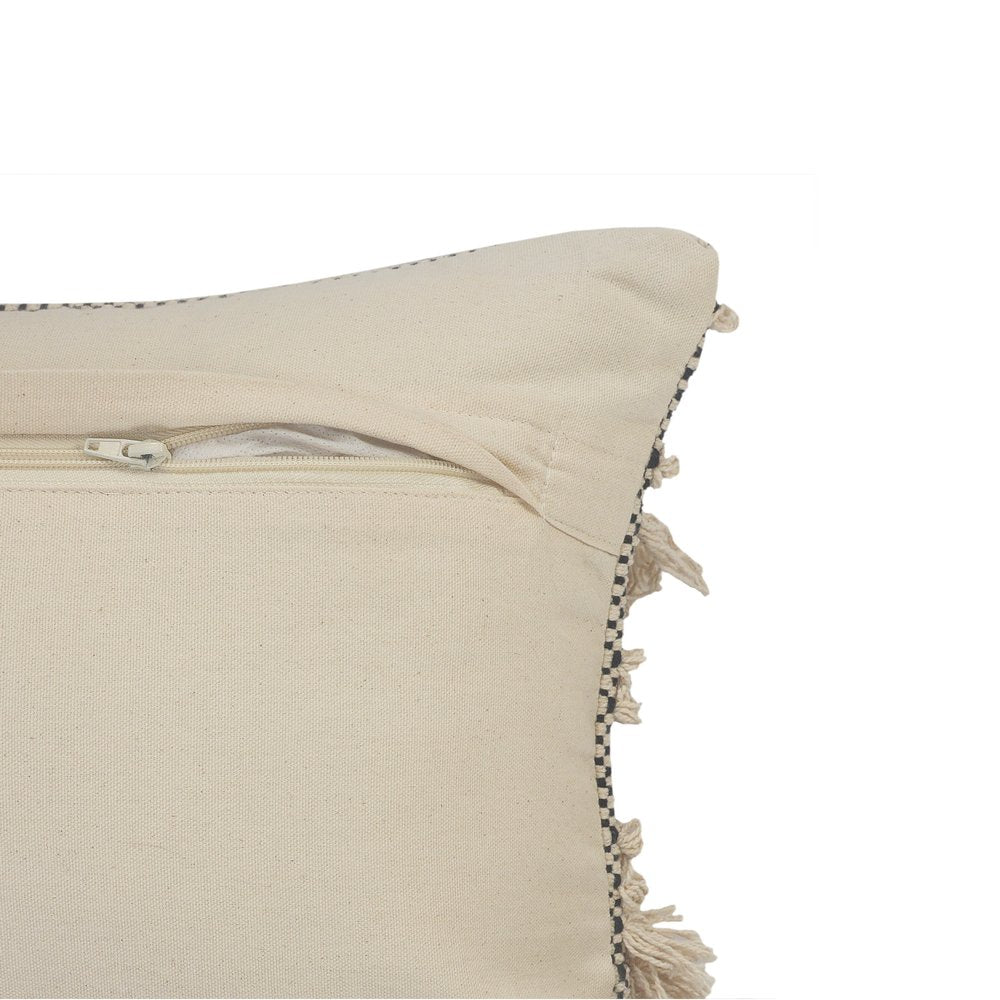 20" Beige And Black Striped Cotton Throw Pillow Cover with Fringe And Texture — view 3
