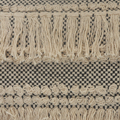 20" Beige And Black Striped Cotton Throw Pillow Cover with Fringe And Texture