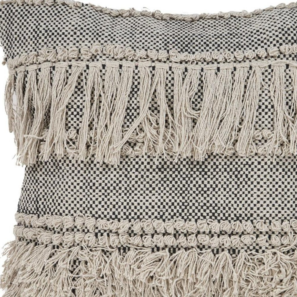 20" Beige And Black Striped Cotton Throw Pillow Cover with Fringe And Texture — view 6