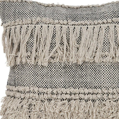 20" Beige And Black Striped Cotton Throw Pillow Cover with Fringe And Texture