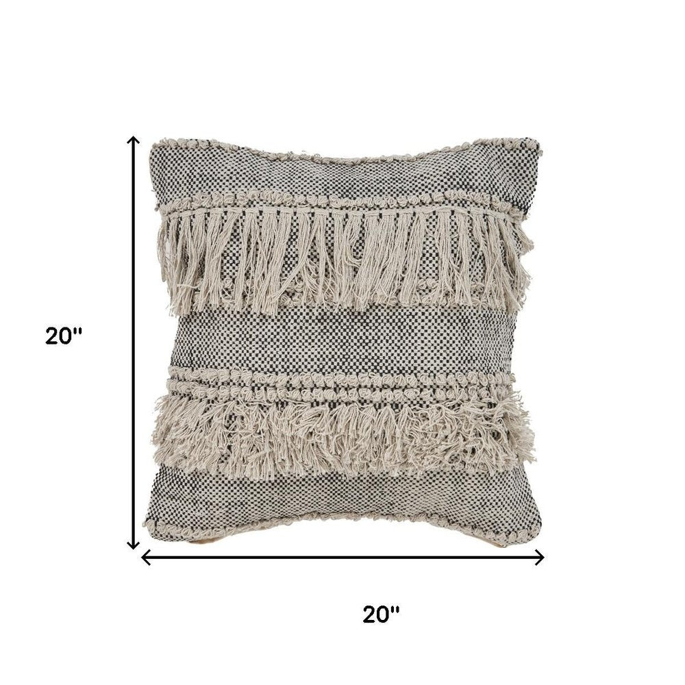 20" Beige And Black Striped Cotton Throw Pillow Cover with Fringe And Texture — view 7