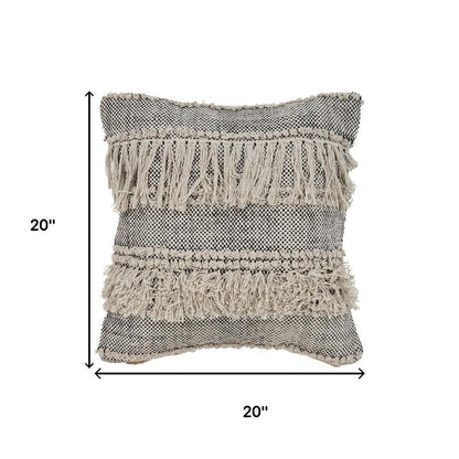 20" Beige And Black Striped Cotton Throw Pillow Cover with Fringe And Texture
