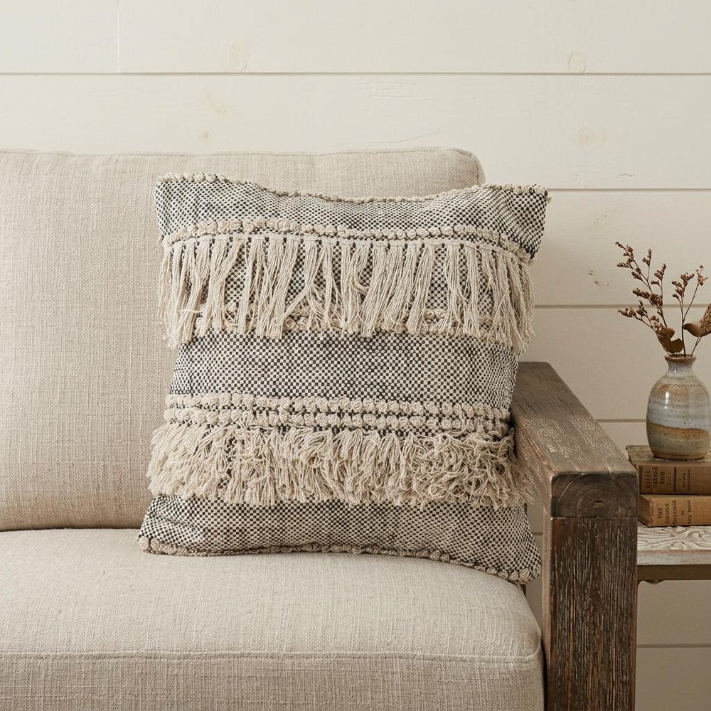 20" Beige And Black Striped Cotton Throw Pillow Cover with Fringe And Texture — view 8