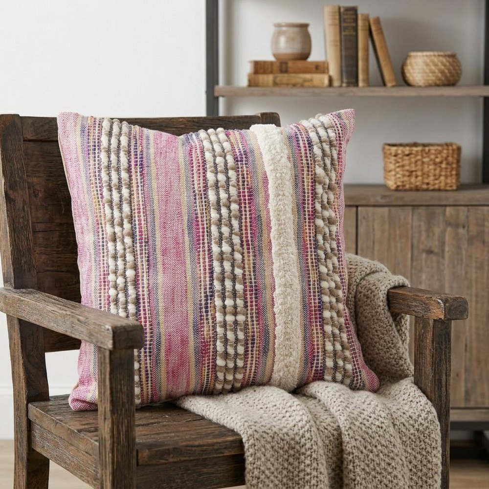 18" Pink And Ivory Striped Cotton Blend Throw Pillow Cover with Texture — view 4