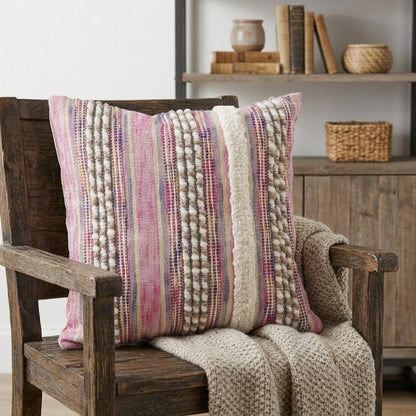 18" Pink And Ivory Striped Cotton Blend Throw Pillow Cover with Texture
