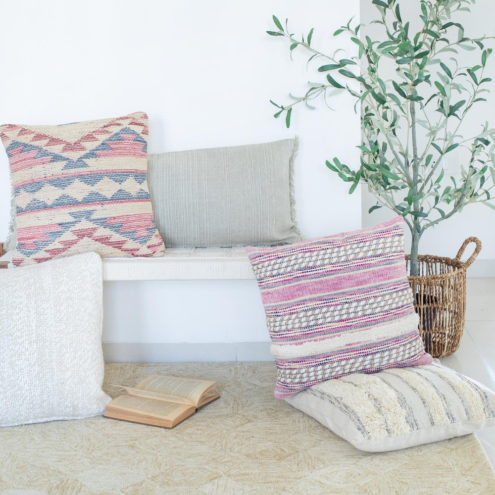 18" Pink And Ivory Striped Cotton Blend Throw Pillow Cover with Texture — view 7