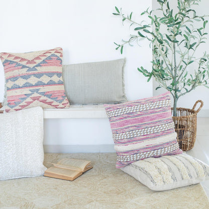 18" Pink And Ivory Striped Cotton Blend Throw Pillow Cover with Texture