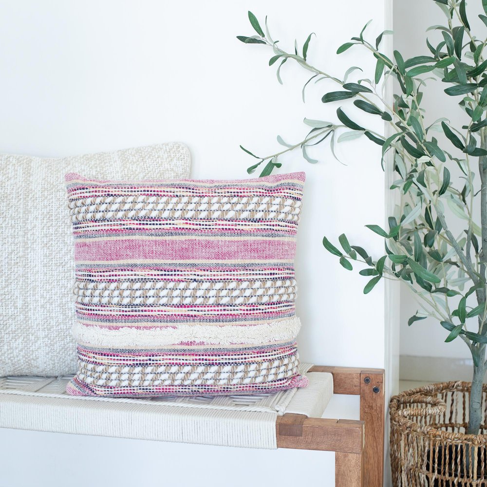 18" Pink And Ivory Striped Cotton Blend Throw Pillow Cover with Texture — view 8