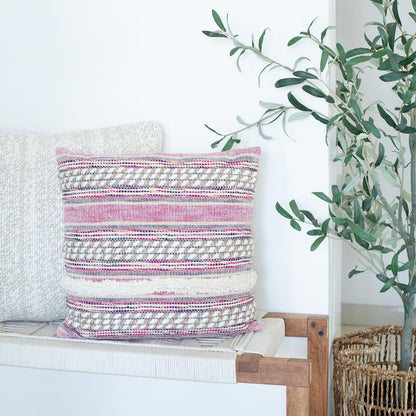 18" Pink And Ivory Striped Cotton Blend Throw Pillow Cover with Texture