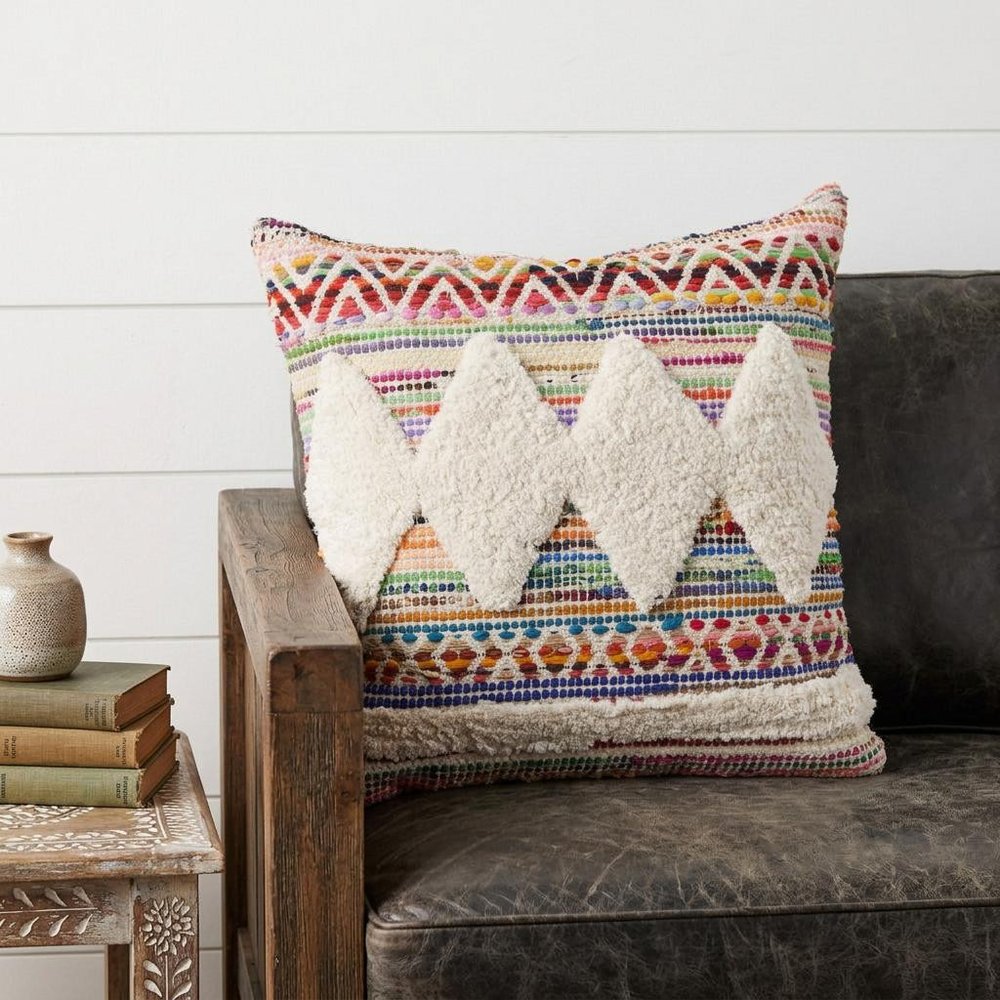 18" Cream Blue White And Yellow Diamond Cotton Throw Pillow Cover with Tufts — view 4
