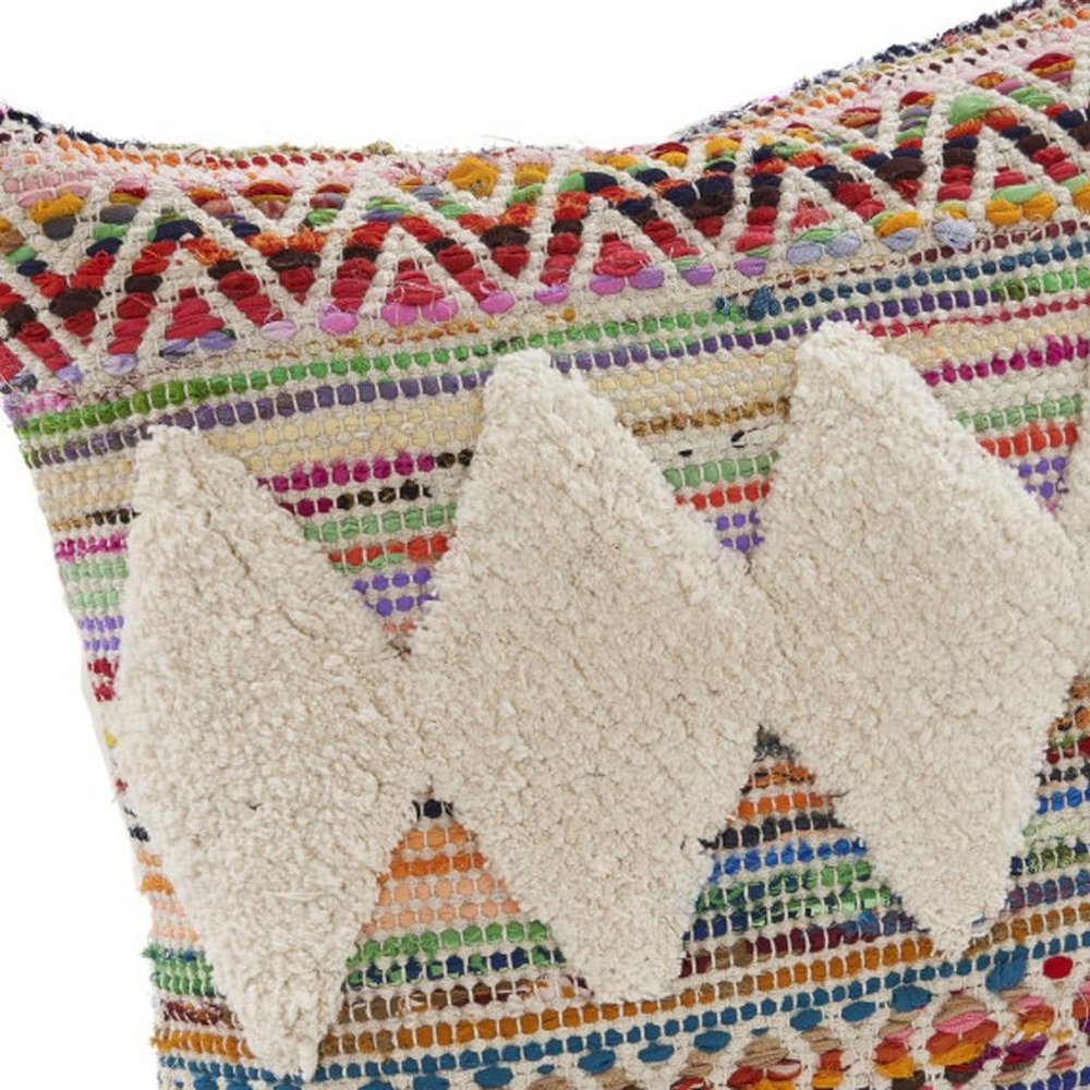18" Cream Blue White And Yellow Diamond Cotton Throw Pillow Cover with Tufts — view 2