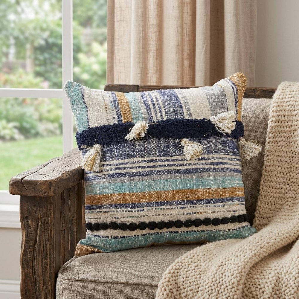 18" Blue And Tan Beach Striped Cotton Throw Pillow Cover with Tassels Tufts And Texture — view 4