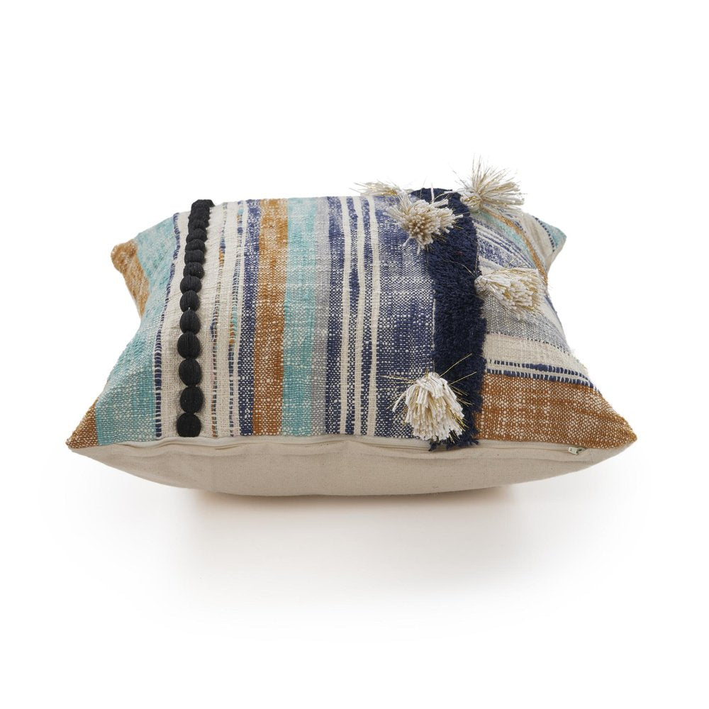 18" Blue And Tan Beach Striped Cotton Throw Pillow Cover with Tassels Tufts And Texture — view 5