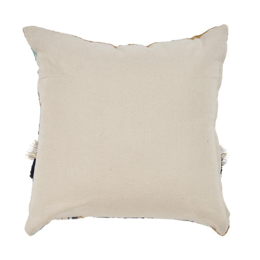 18" Blue And Tan Beach Striped Cotton Throw Pillow Cover with Tassels Tufts And Texture — view 6