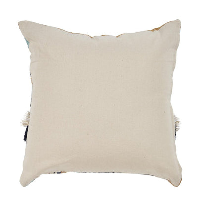 18" Blue And Tan Beach Striped Cotton Throw Pillow Cover with Tassels Tufts And Texture