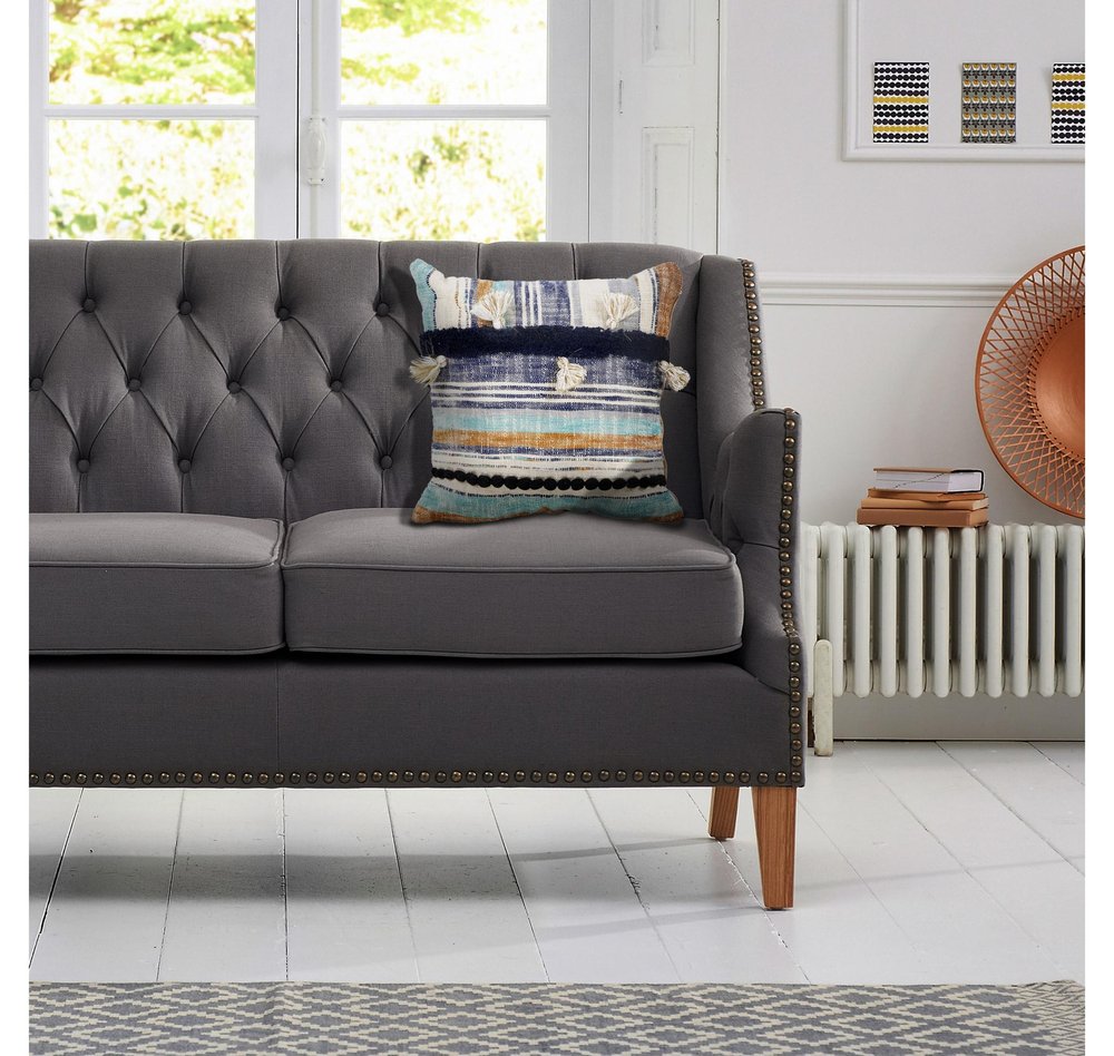 18" Blue And Tan Beach Striped Cotton Throw Pillow Cover with Tassels Tufts And Texture — view 7