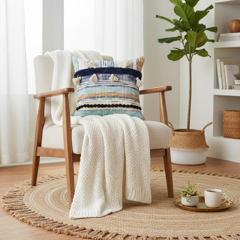 18" Blue And Tan Beach Striped Cotton Throw Pillow Cover with Tassels Tufts And Texture — view 8