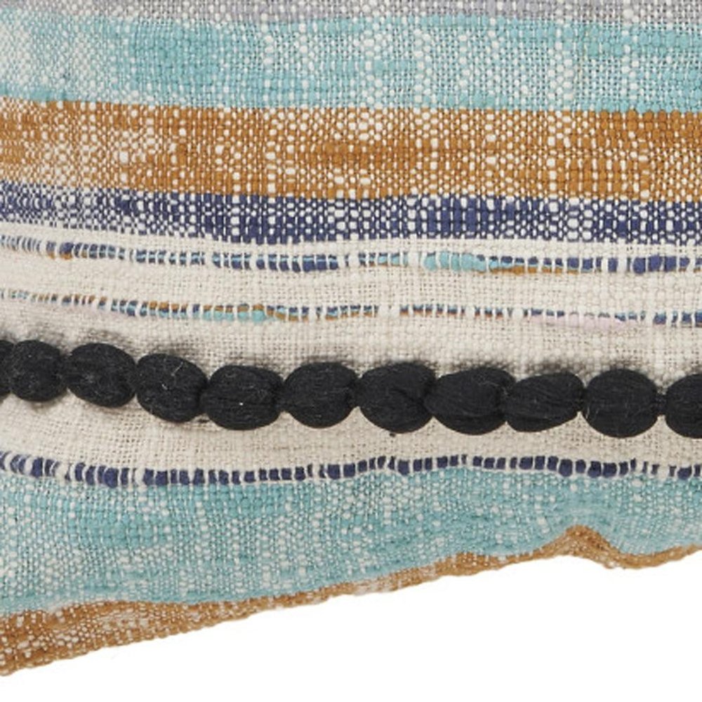 18" Blue And Tan Beach Striped Cotton Throw Pillow Cover with Tassels Tufts And Texture — view 1
