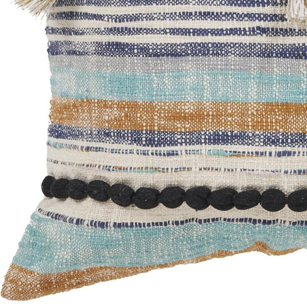 18" Blue And Tan Beach Striped Cotton Throw Pillow Cover with Tassels Tufts And Texture — view 2