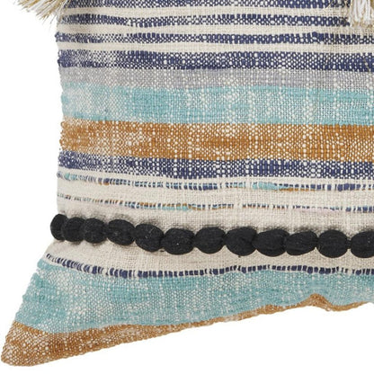 18" Blue And Tan Beach Striped Cotton Throw Pillow Cover with Tassels Tufts And Texture