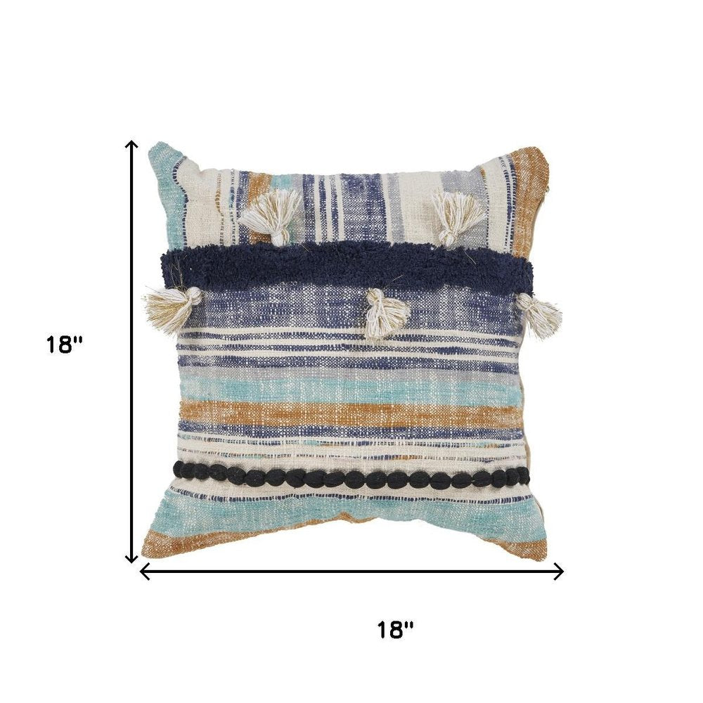 18" Blue And Tan Beach Striped Cotton Throw Pillow Cover with Tassels Tufts And Texture — view 3