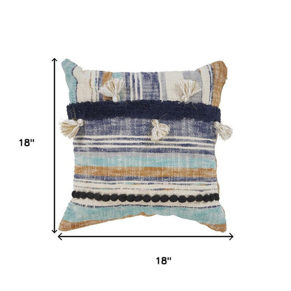 18" Blue And Tan Beach Striped Cotton Throw Pillow Cover with Tassels Tufts And Texture