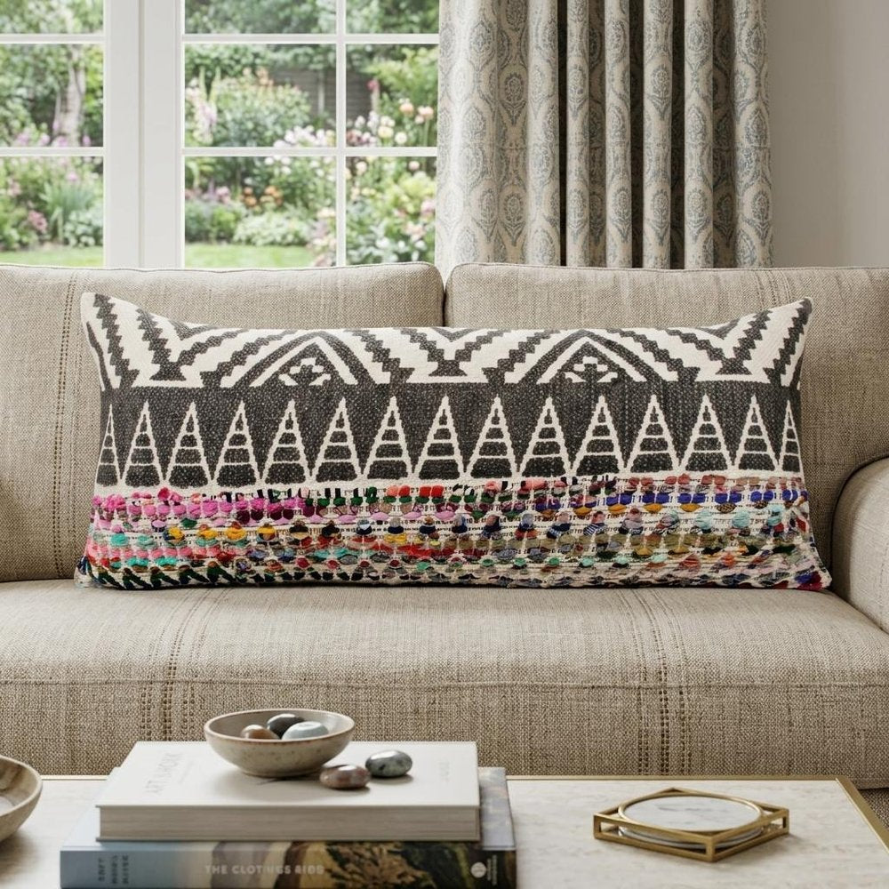 14" X 36" Charcoal Off White And Pink Lumbar Chevron Cotton Blend Throw Pillow Cover — view 7