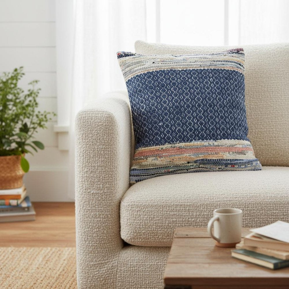 18" Blue Pink And White Geometric Cotton Blend Throw Pillow Cover — view 5