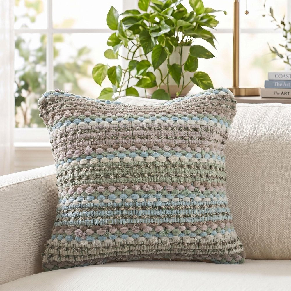 18" Green And Blue Beach Striped Cotton Blend Throw Pillow Cover — view 6