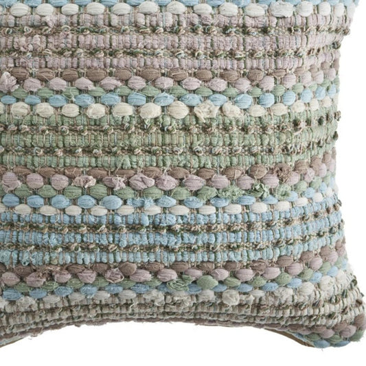 18" Green And Blue Beach Striped Cotton Blend Throw Pillow Cover