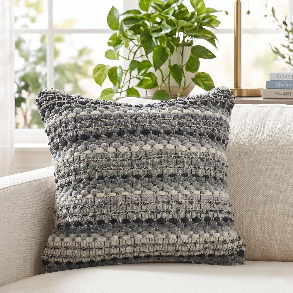 18" Black And Gray Beach Striped Cotton Blend Throw Pillow Cover — view 9
