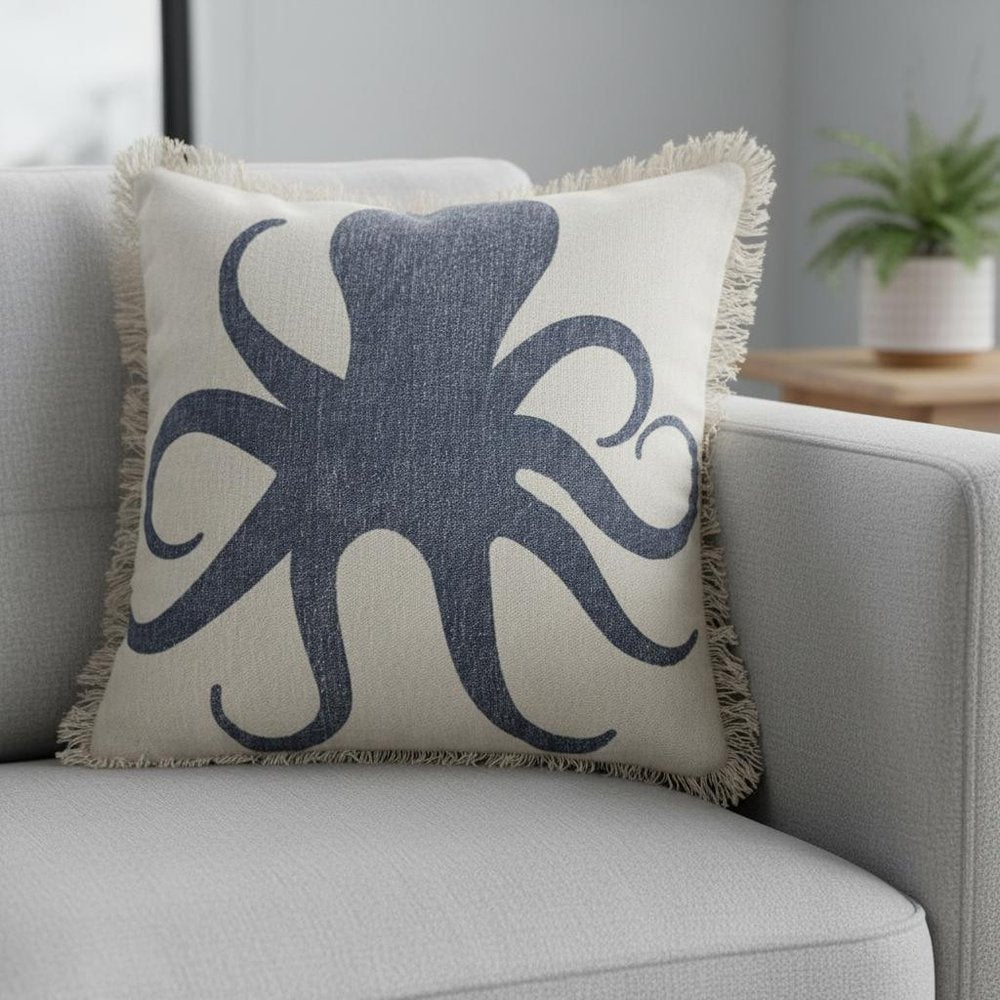 18" Blue And White Beach Cotton Throw Pillow Cover — view 7