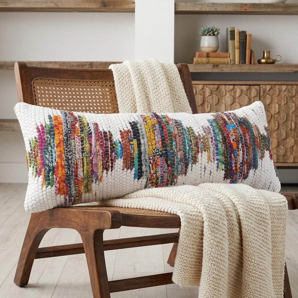 14" X 36" White Orange And Blue Lumbar Geometric Cotton Throw Pillow Cover — view 2