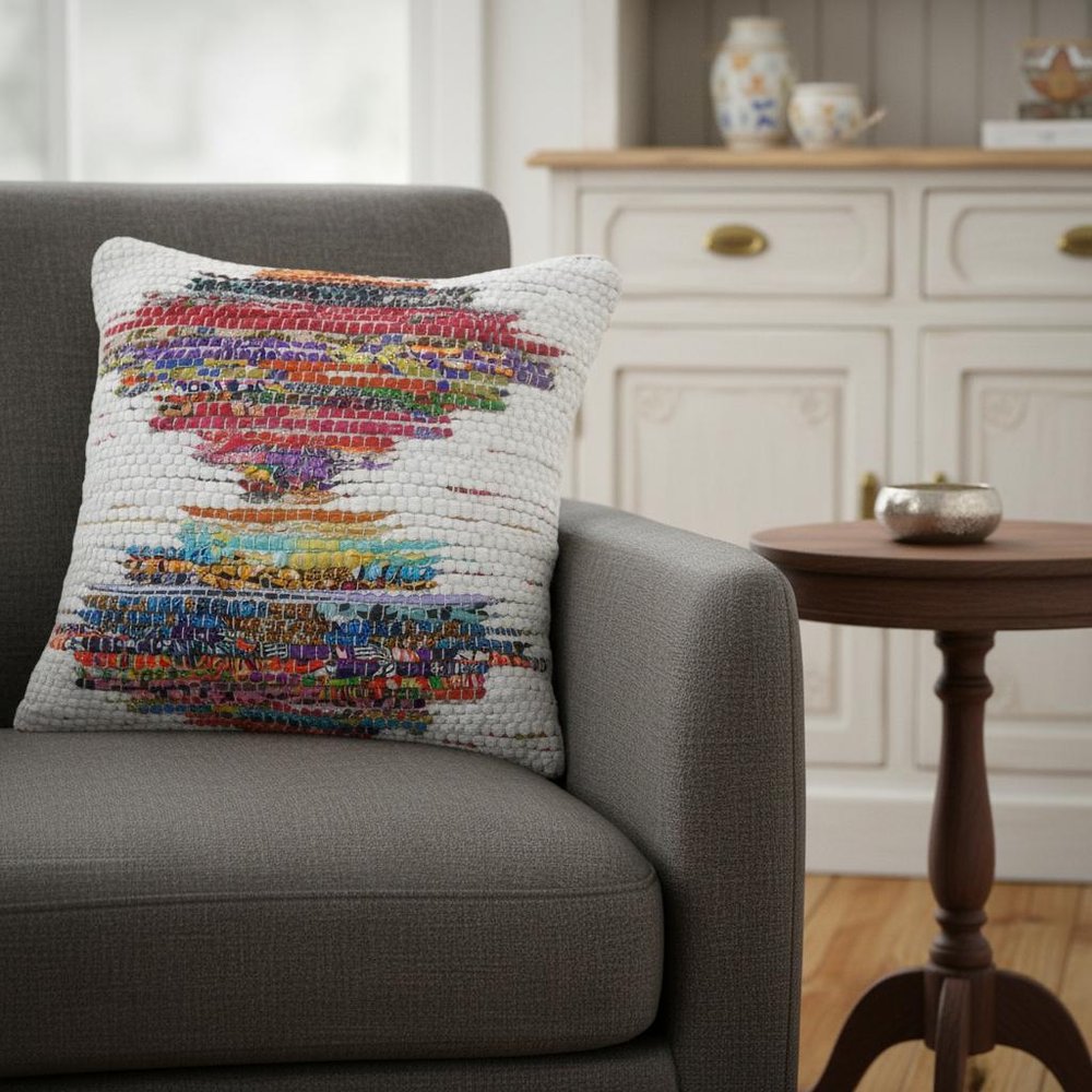 20" White Orange And Blue Geometric Cotton Throw Pillow Cover — view 3
