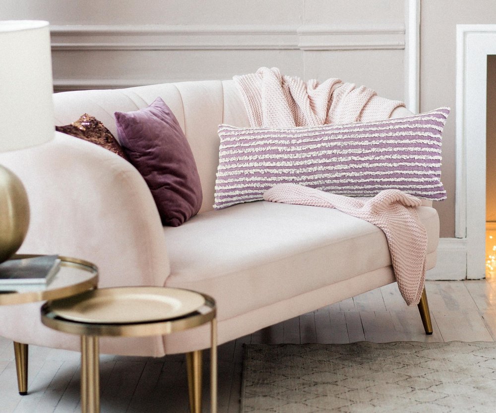 14" X 36" Lavender And Off White Lumbar Striped Cotton Throw Pillow Cover with Tufts — view 9