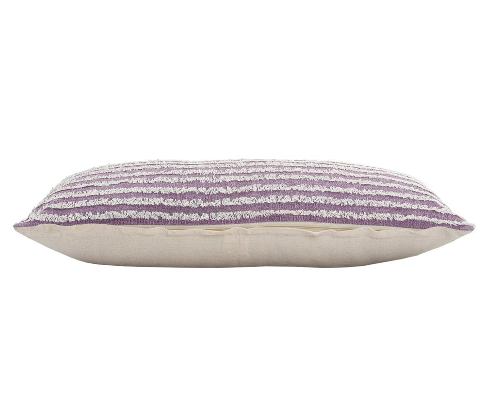 14" X 36" Lavender And Off White Lumbar Striped Cotton Throw Pillow Cover with Tufts — view 11