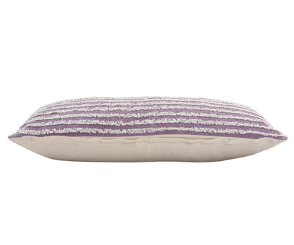 14" X 36" Lavender And Off White Lumbar Striped Cotton Throw Pillow Cover with Tufts