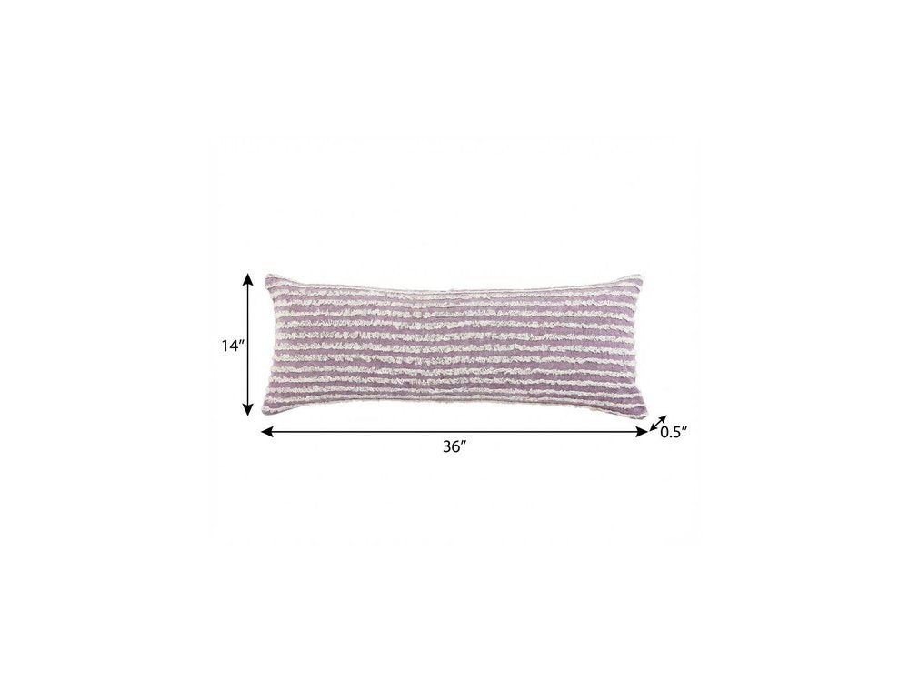 14" X 36" Lavender And Off White Lumbar Striped Cotton Throw Pillow Cover with Tufts — view 2