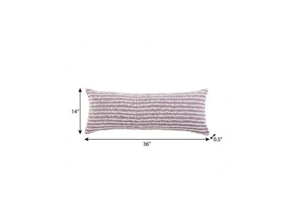 14" X 36" Lavender And Off White Lumbar Striped Cotton Throw Pillow Cover with Tufts