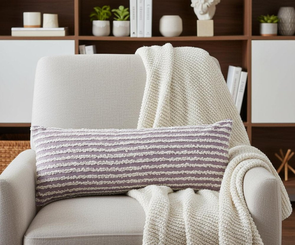 14" X 36" Lavender And Off White Lumbar Striped Cotton Throw Pillow Cover with Tufts — view 3