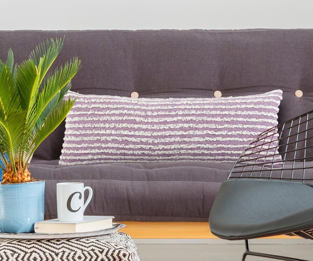 14" X 36" Lavender And Off White Lumbar Striped Cotton Throw Pillow Cover with Tufts — view 8
