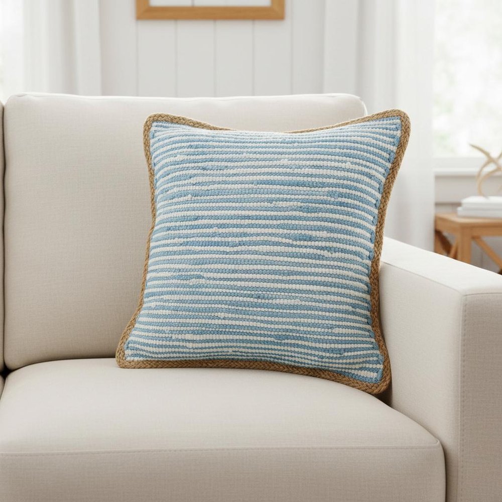 20" Blue And White Beach Striped Cotton Blend Throw Pillow Cover HomeRoots