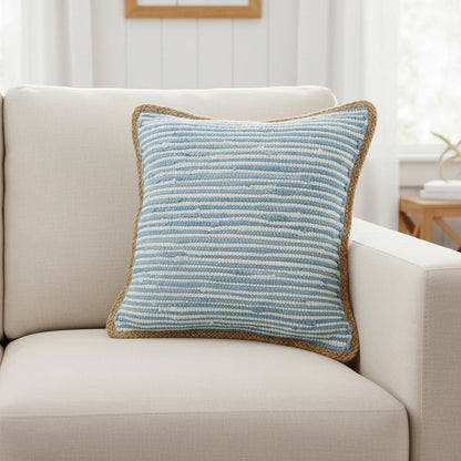 20" Blue And White Beach Striped Cotton Blend Throw Pillow Cover HomeRoots