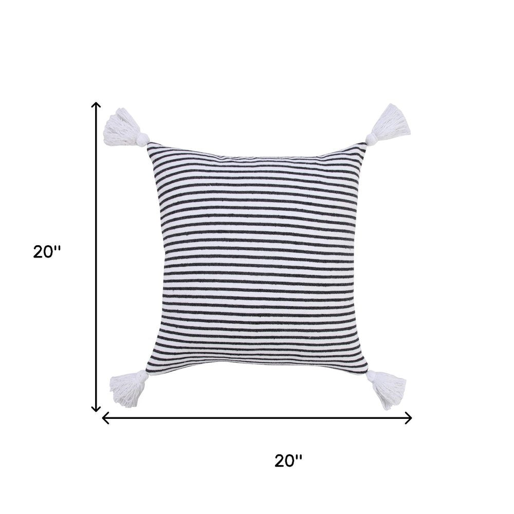 20" Black And White Striped Cotton Throw Pillow Cover with Tassels — view 8