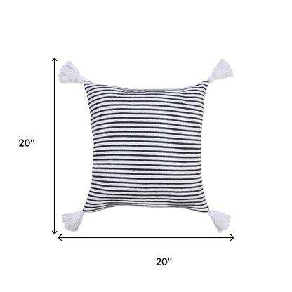 20" Black And White Striped Cotton Throw Pillow Cover with Tassels